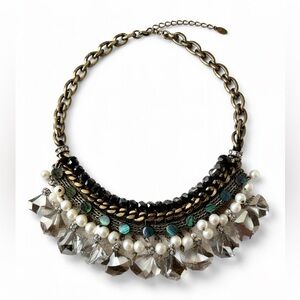 Boho Statement Crystal & Pearl Bib Necklace Antique Gold Chain